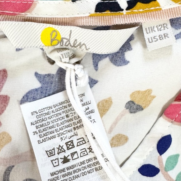 SOLD-Boden Colorful Artsy Flower Faux Wrap Short Sleeve Knee Length White Dress - Picture 7 of 10